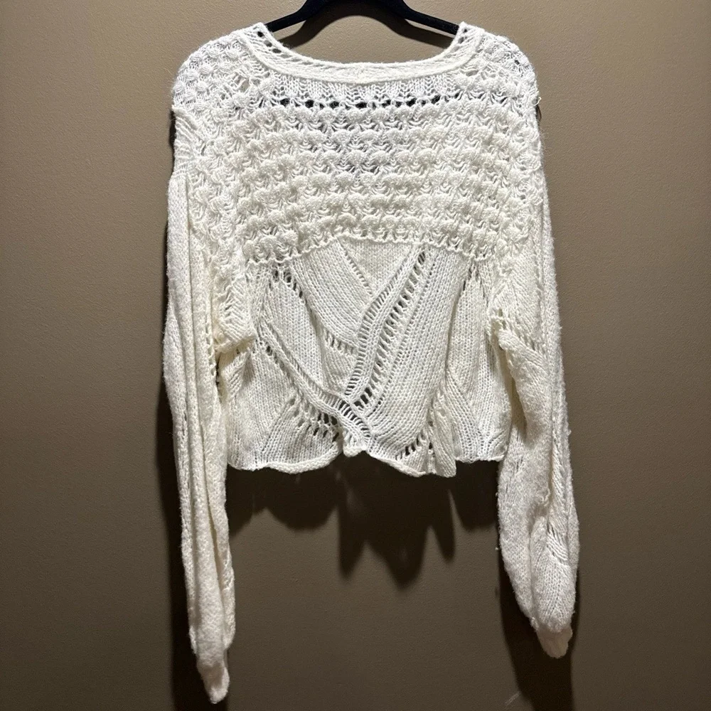 NWT Free People Off White Cropped V Neck Open Knit Pullover Sweater Oversized La - Picture 6 of 6